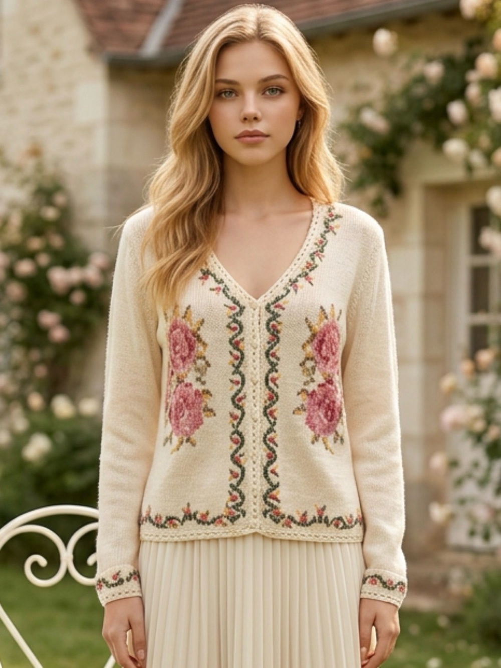 Cream Floral V-Neck Sweater with Pink Rose Embroidery